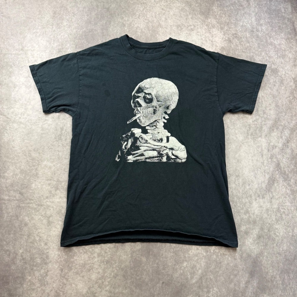 Mens Black Skeleton Smoking Cigarette Graphic T-Shirt Short Sleeve Goth Punk L